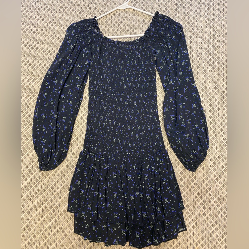 Black Floral Print Puff Arm Dress